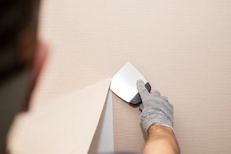 Old wallpaper peeled back from a wall with a stripping scraper