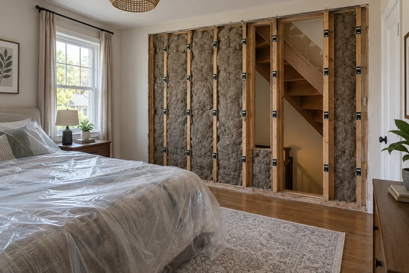 Bedroom wall opened to the stairwell behind it, showing mineral wool and isolation clips