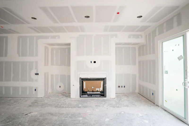 Taped and unpainted room with a fireplace opening and recessed niches
