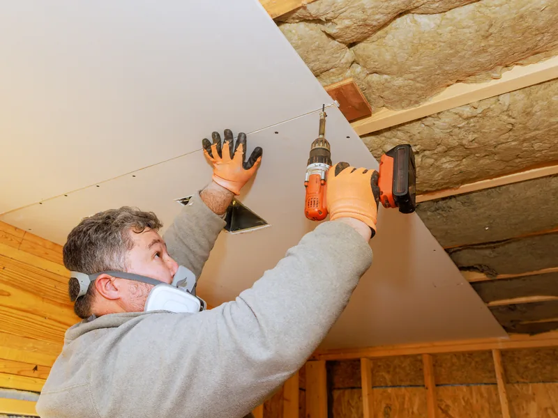 New ceiling drywall lifted flat against the joists