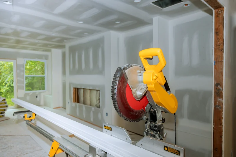 Miter saw cutting a length of metal track on site