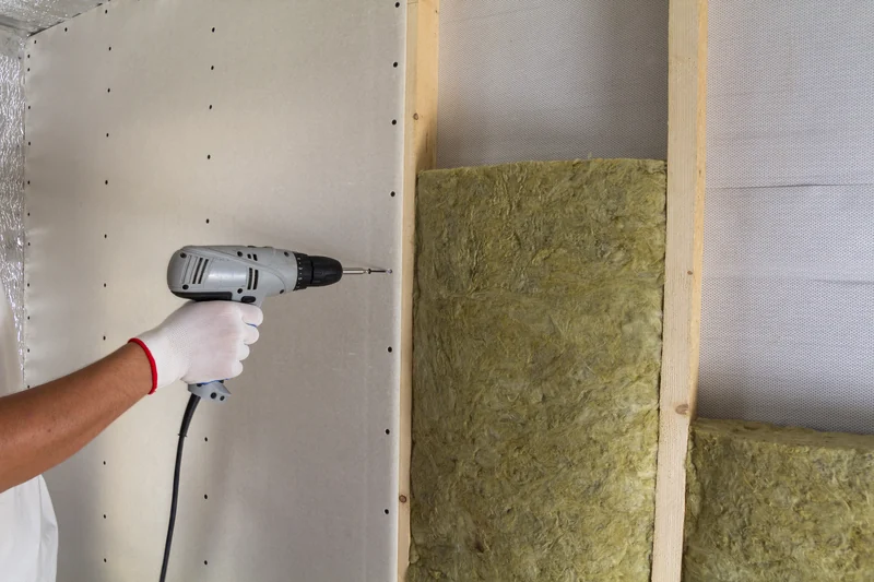 Drill driving a screw beside a mineral wool batt in an open stud bay