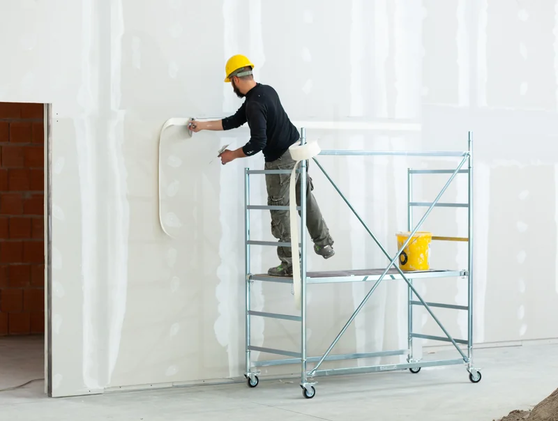 Worker on a rolling scaffold tower finishing a tall wall