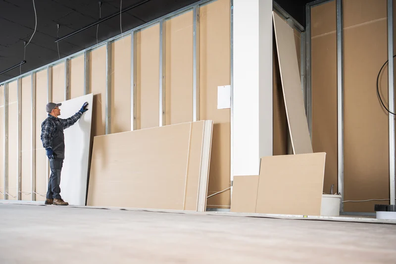 Worker holding a board against steel studs in a large commercial space