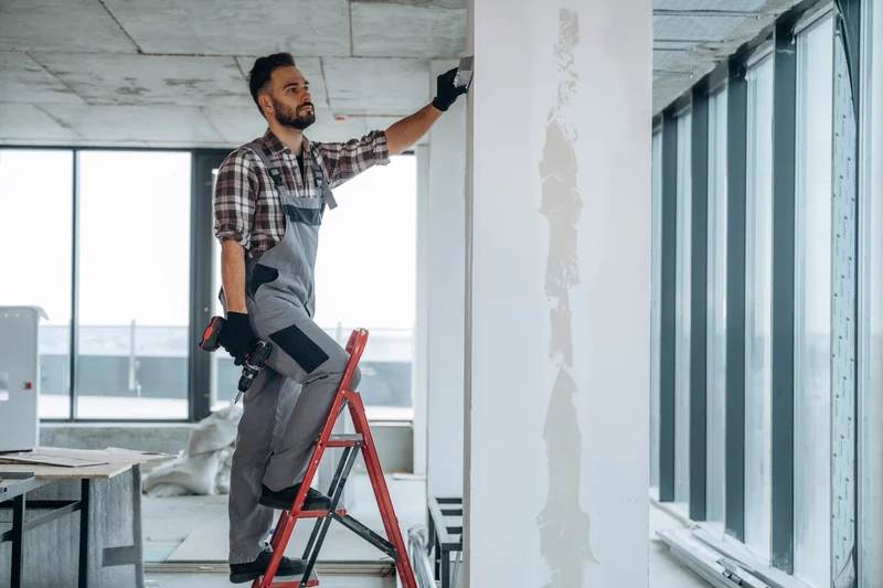Worker on a ladder finishing a ceiling in a glass-walled office
