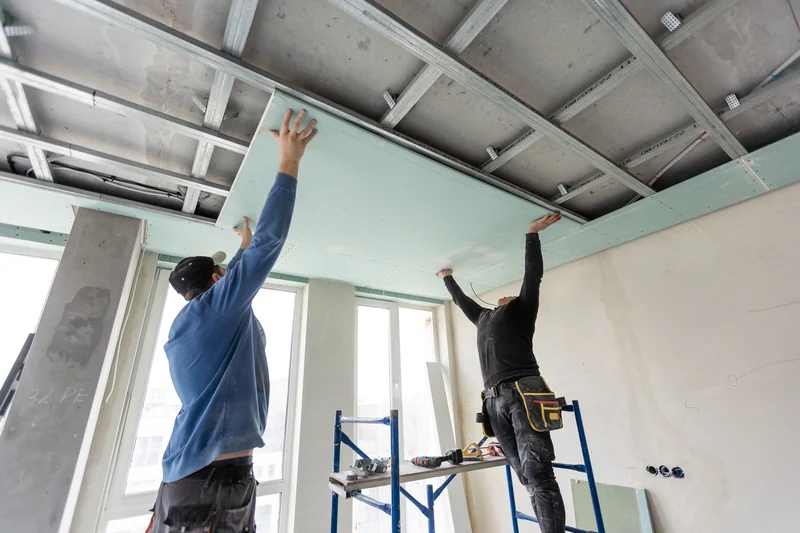 Two workers lifting green moisture-resistant board onto a ceiling grid
