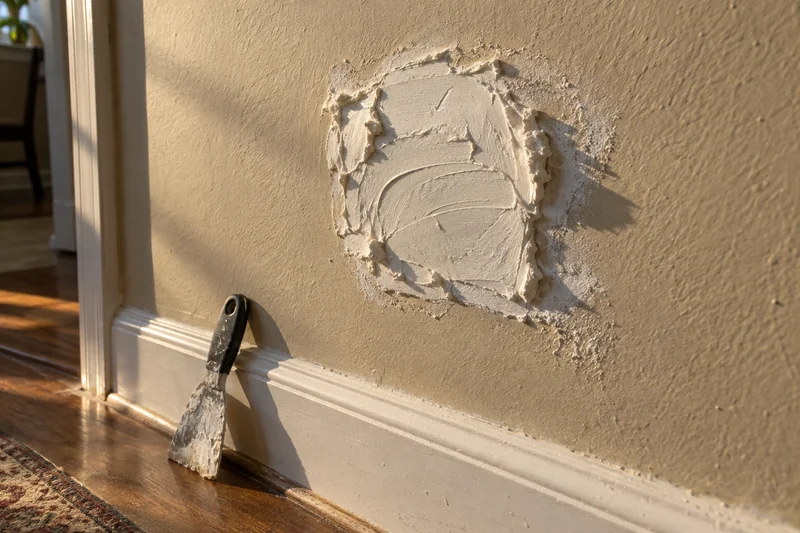 A homeowner's own patch standing proud of the wall with a hard unfeathered edge