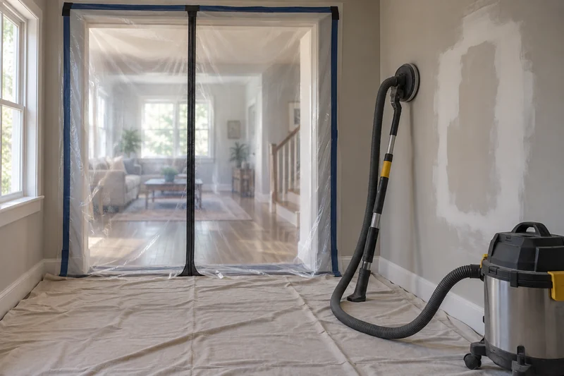 Plastic containment barrier zipped across a doorway beside a vacuum-assisted pole sander