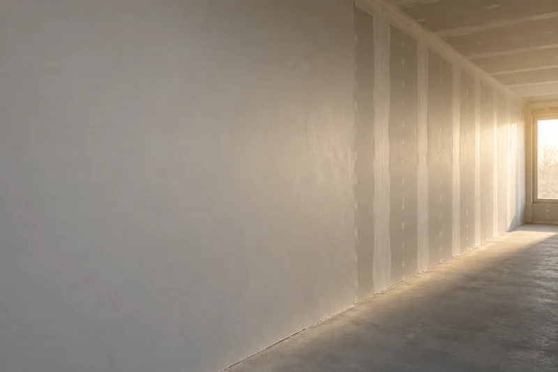 Raking light down a wall, one half skimmed flat and the other showing every joint