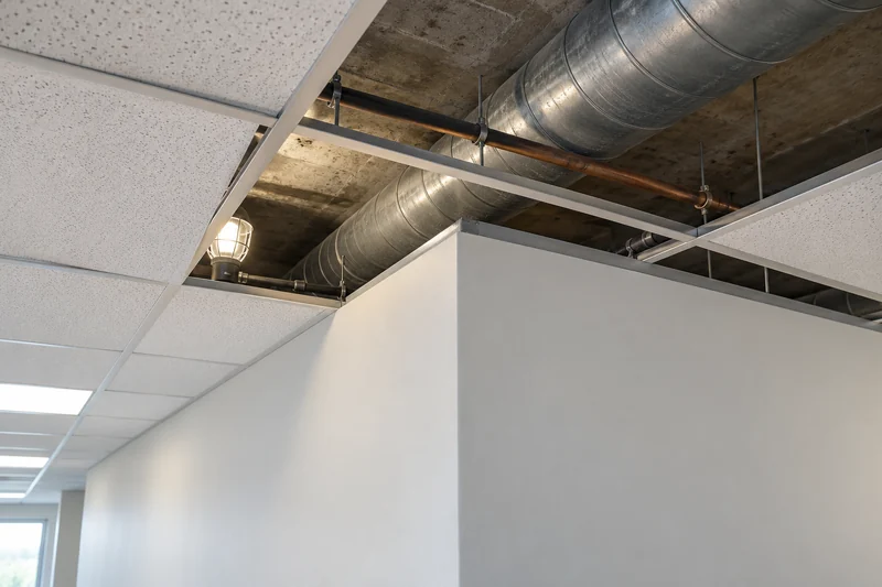 Partition stopping at the ceiling grid with the plenum open above it