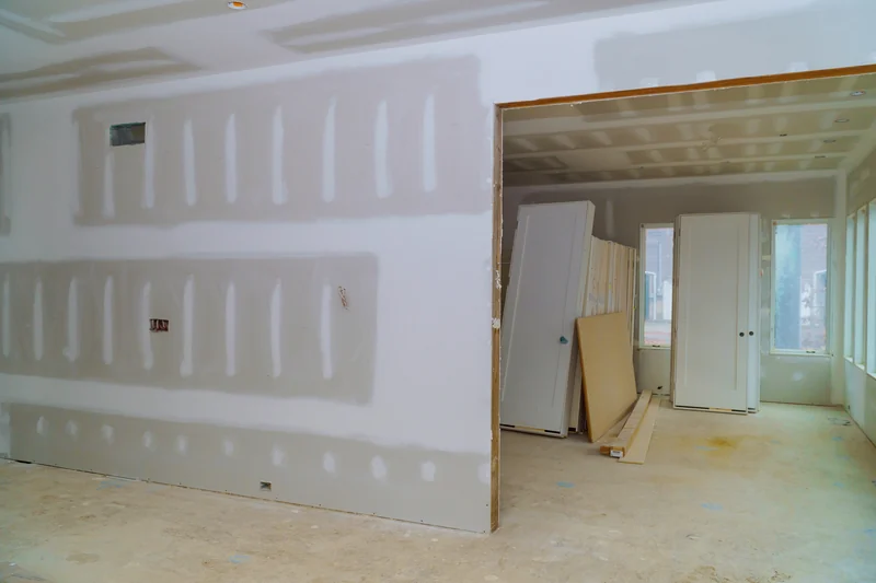 Unfinished room with drywall sheets leaning against the wall