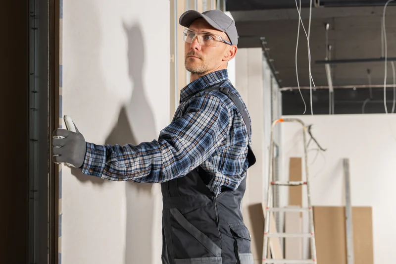 Worker checking a wall beside a door frame in a commercial interior