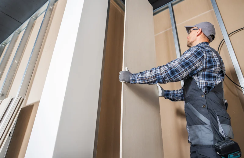 Worker holding a board in place against a partly finished wall