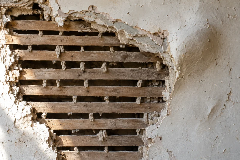 Plaster fallen from wooden lath with the broken keys still visible