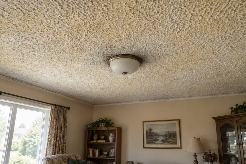 Aged popcorn ceiling yellowed and dusty around a dated flush light fitting