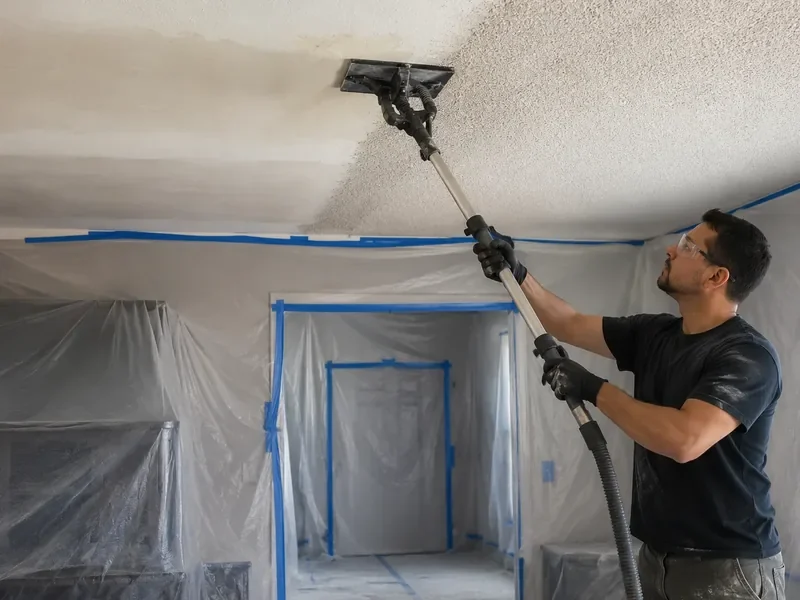 Popcorn ceiling texture scraped off under plastic containment