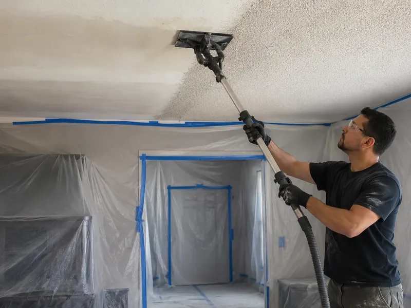 Popcorn ceiling texture scraped off under plastic containment