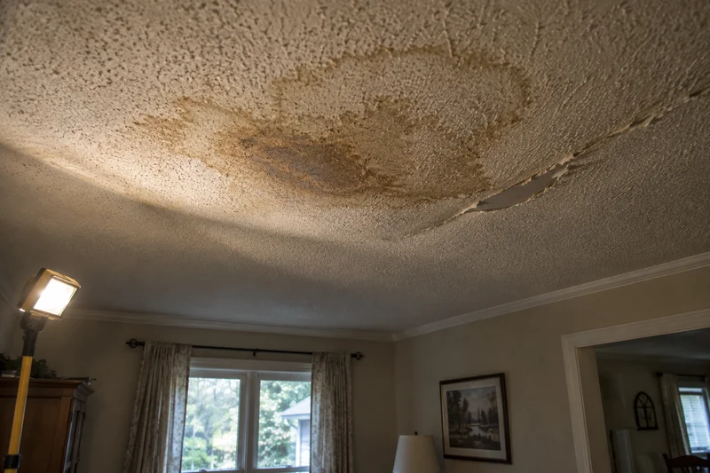 Water-stained popcorn ceiling sagging, the texture cracked and lifted along a joint