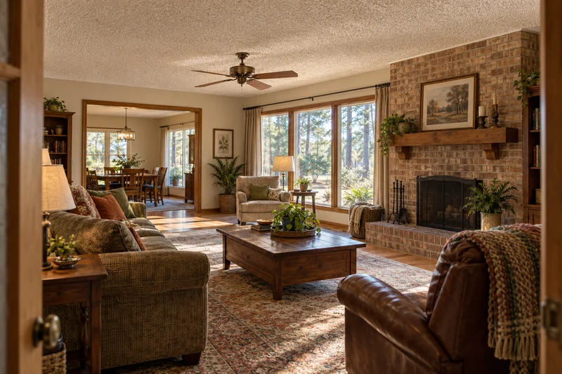Popcorn ceiling running through an older Texas living room with a brick fireplace