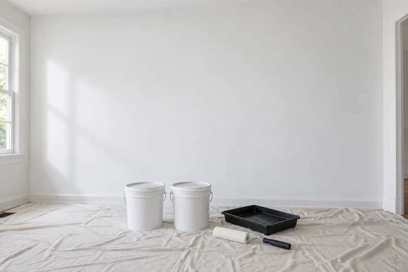 Wall finished in white primer with unopened paint pails and an unused roller on dust sheets