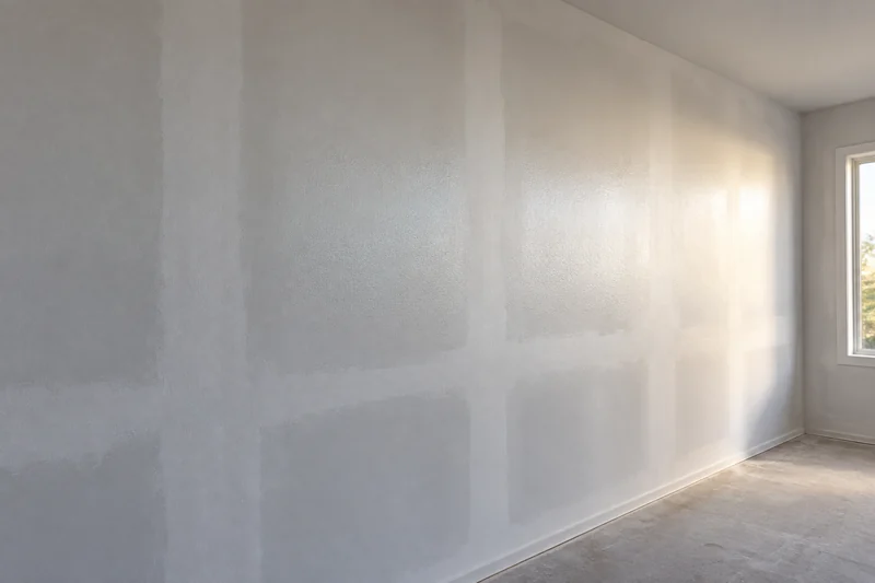 Primed wall with the joints and patches flashing through as duller bands