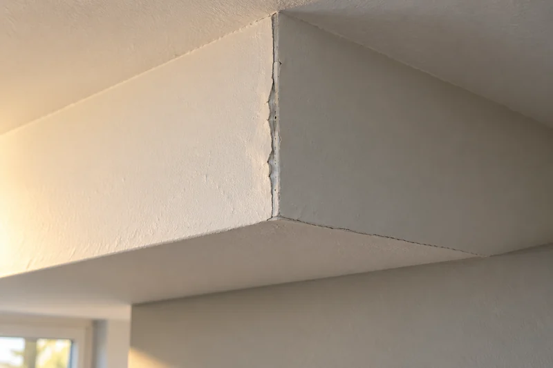 Crack running down a soffit corner with compound flaking off the bead