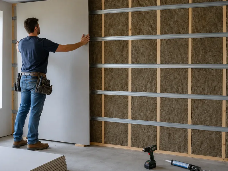 Sound-damping panel set over insulated framing with resilient channel