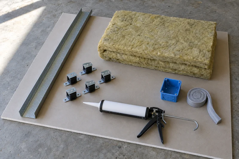 Hat channel, isolation clips, a mineral wool batt, caulking gun, electrical box and putty pad laid out on a board