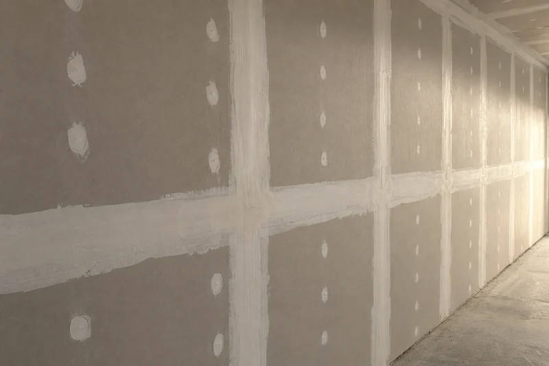 Raking light across a taped wall, pale joint compound at the seams and screw holes standing out against the board’s paper face