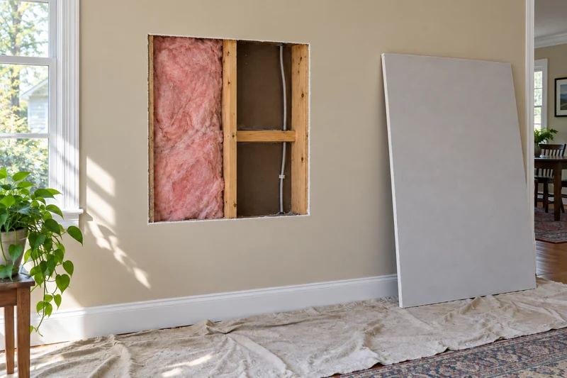 Square section of wall cut back to the studs with a new sheet of board leaning nearby