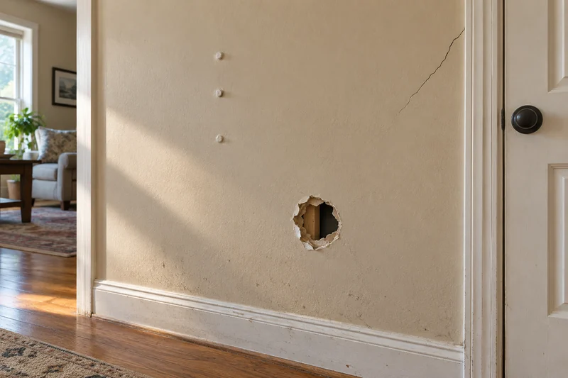 A doorknob hole, a row of nail pops and a crack from a door corner on one wall