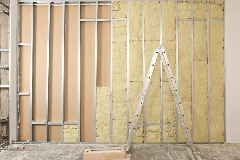 Stud wall filled with insulation batts beside a stepladder