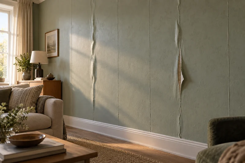 Wallpaper painted over, its seams telegraphing through and blistering along two of them