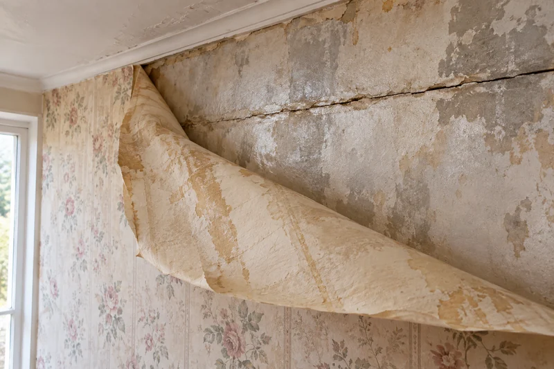 Wallpaper peeled back to reveal old paste and a crack along a board seam