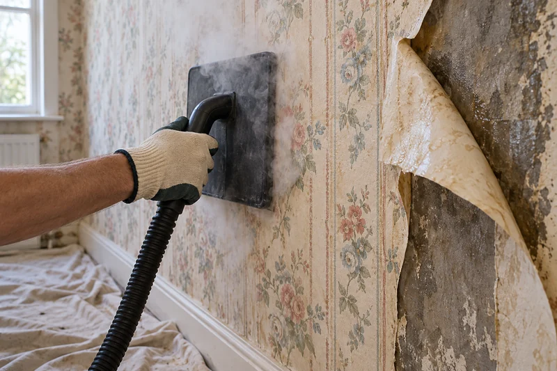 Steam plate held to wallpaper with a softened strip peeling away