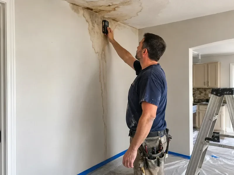 Water-stained drywall inspected after a ceiling leak