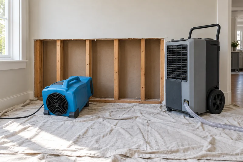 Air mover and dehumidifier drying an opened wall cavity