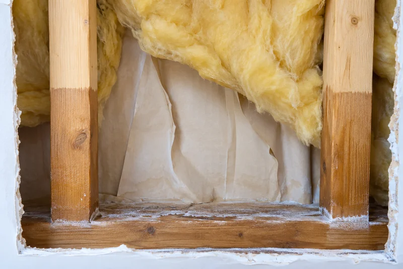 Wall cavity with a tide line across the studs and the board's backing paper buckled