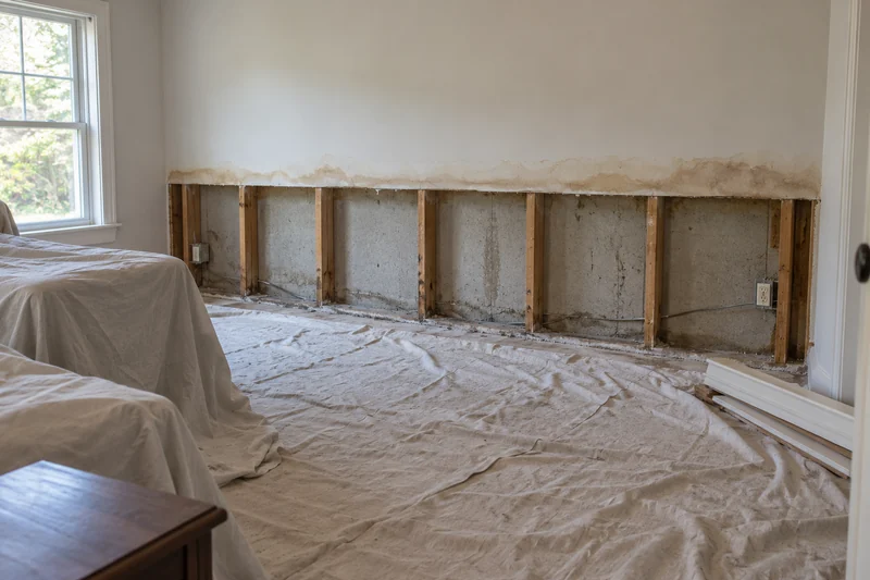 Long run of wall opened along the baseboard exposing several stud bays