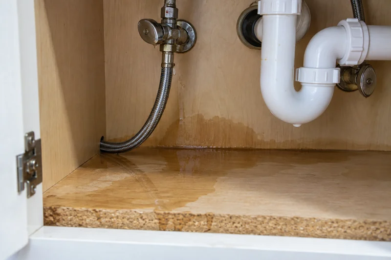 Slow leak at a supply-line valve pooling on the base of a sink cabinet