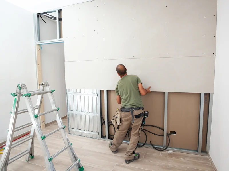 Board fitted over pipework carried on metal framing