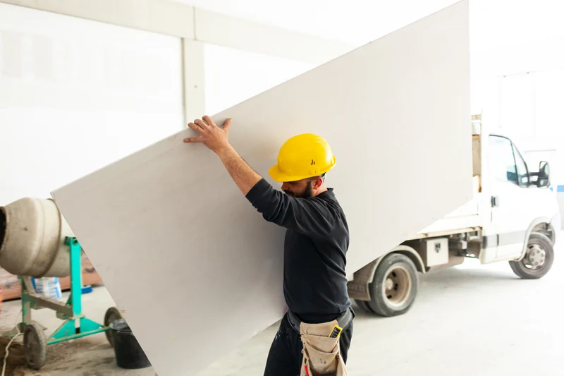 Worker unloading a drywall sheet from a truck